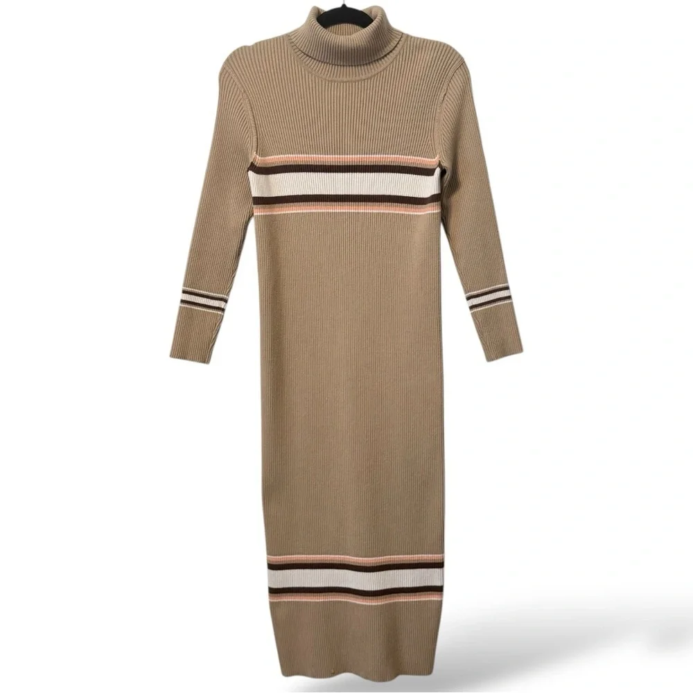 Free People Sport Stripe Midi Turtleneck Sweaterdress Camel Combo Sz Small NWOT